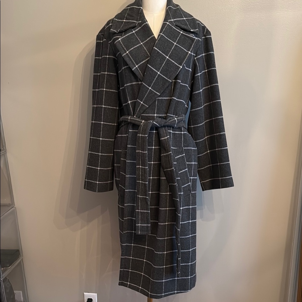 A New Day Charcoal Checkered Belted Coat